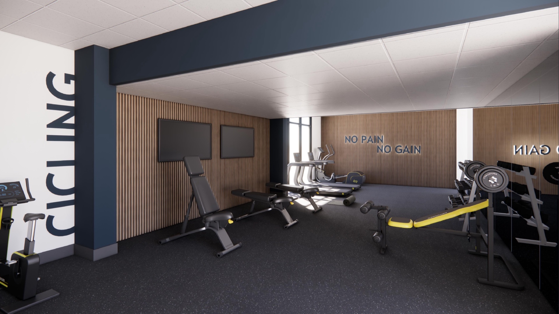 Render fotorrealista del fitness center — Miami-Dade