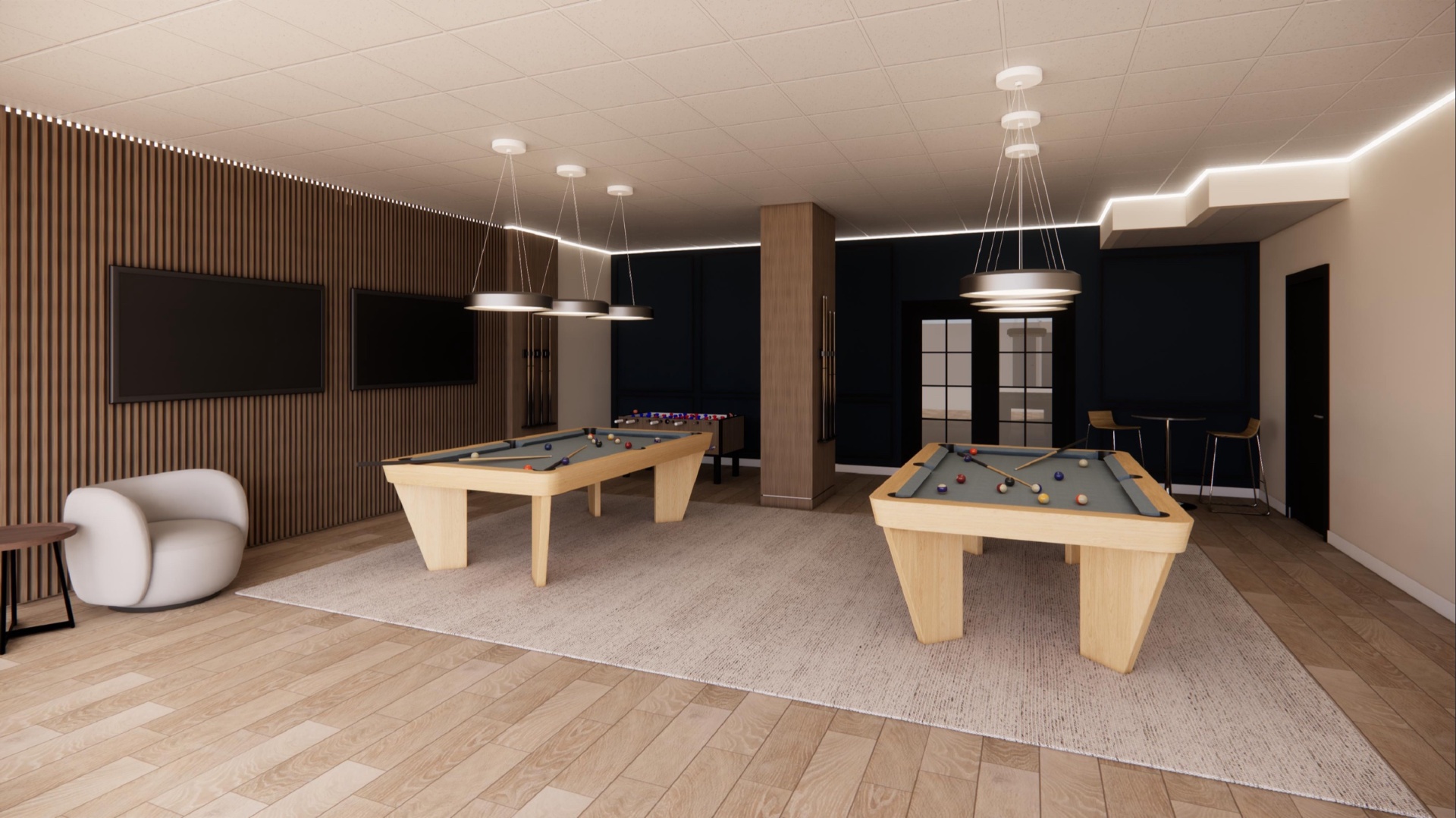 Render fotorrealista del pool room — Miami-Dade